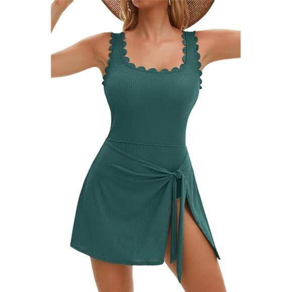 One Piece Light Green Swim Dress Scalloped Square Neck Modest Swimsuits - Picture 7 of 7